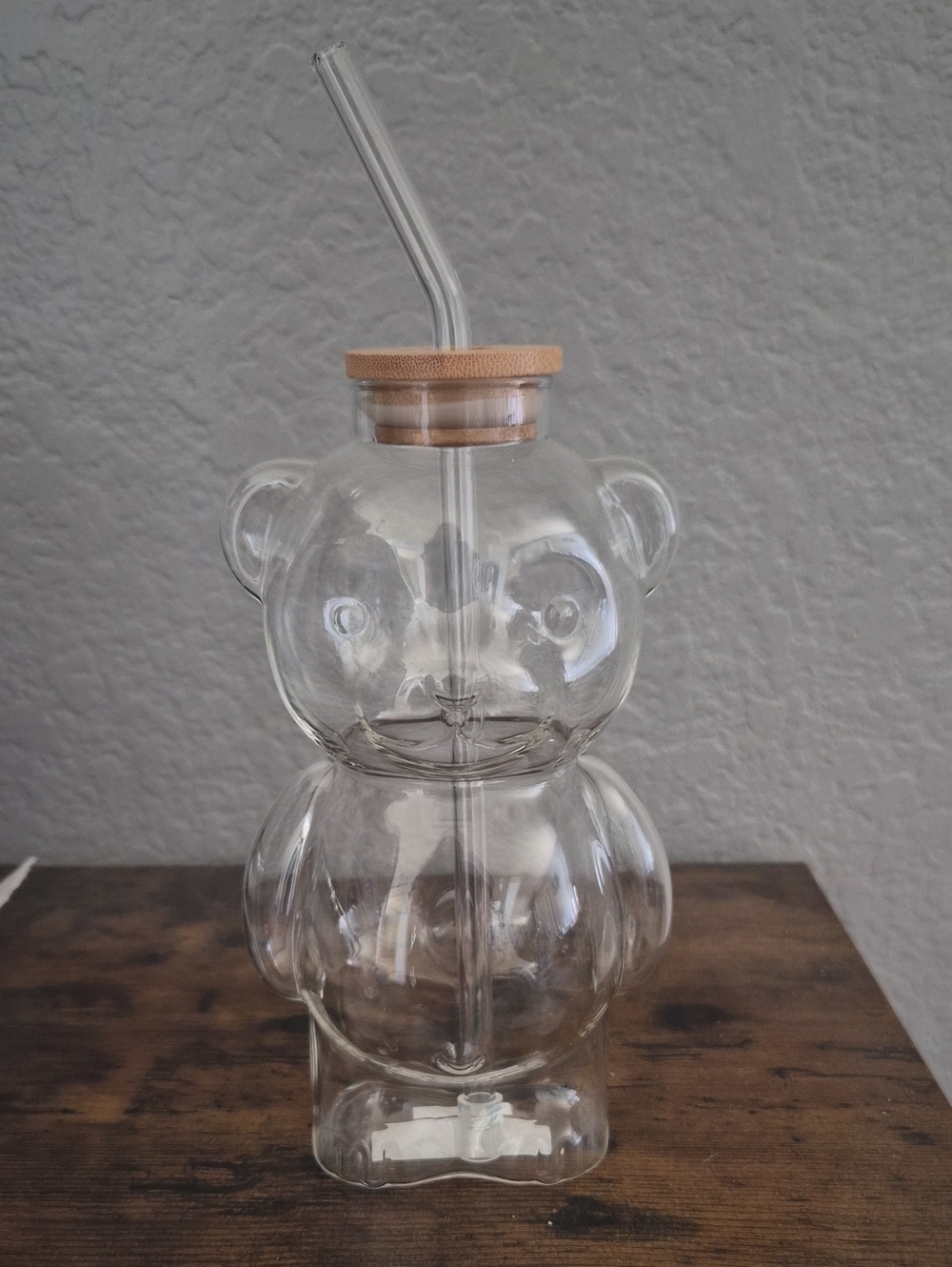 2 Clear Bear-Shaped Glass Drink Bottle with Bamboo Lid
